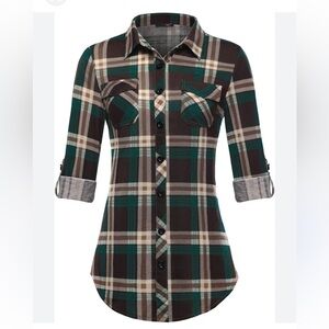 NWT Women's Plaid Button Down Shirt - Green and Brown